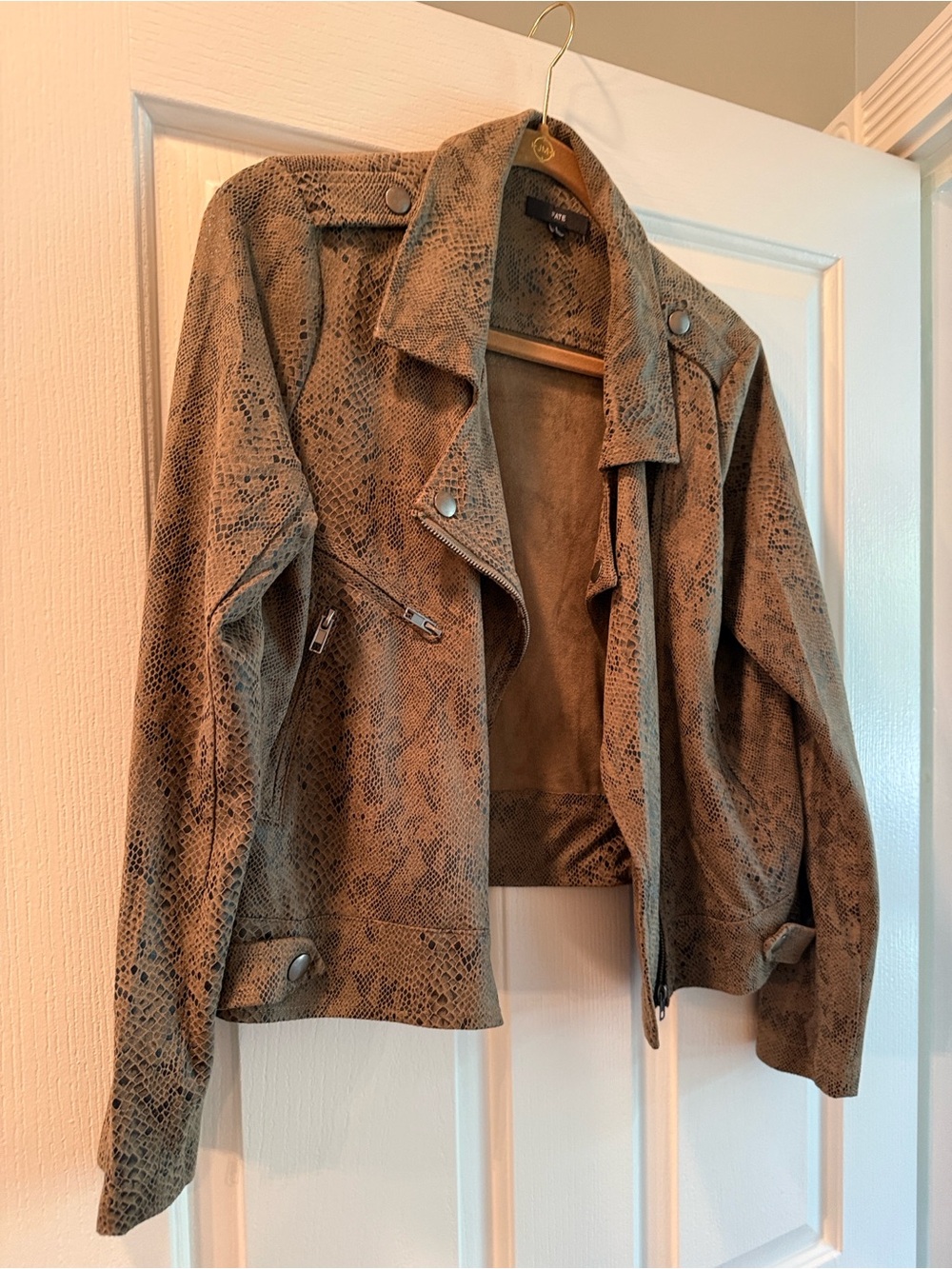 Fate Taupe Snake-Print Faux Suede Moto Jacket